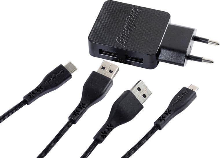 Energizer HardCase - 2x USB-A 12W mains charger + USB-C & Micro USB cable (Black) - 2