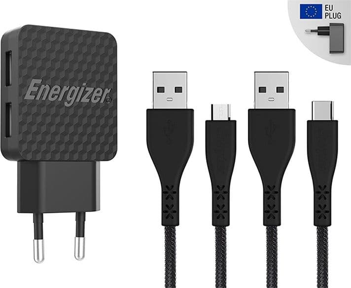 Energizer HardCase - 2x USB-A 12W mains charger + USB-C & Micro USB cable (Black) - 11
