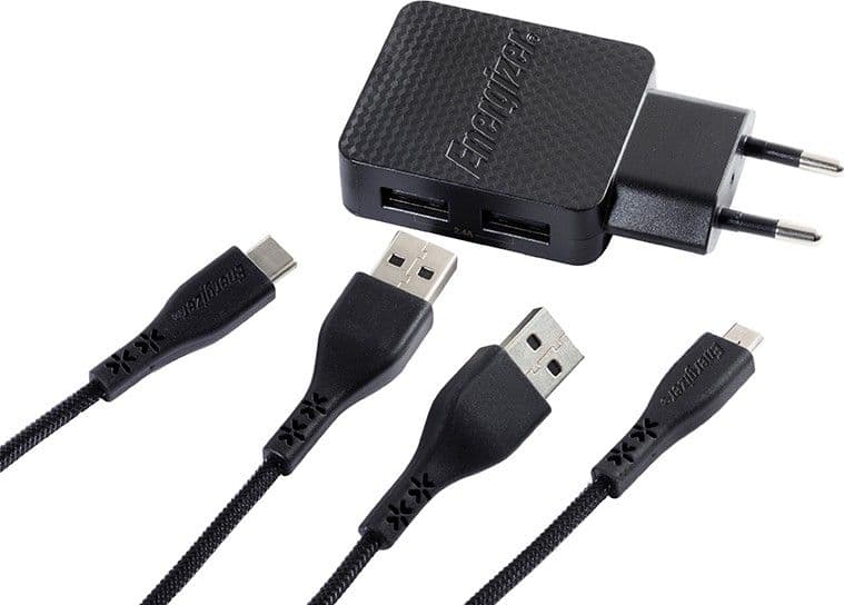 Energizer HardCase - 2x USB-A 12W mains charger + USB-C & Micro USB cable (Black) - 12