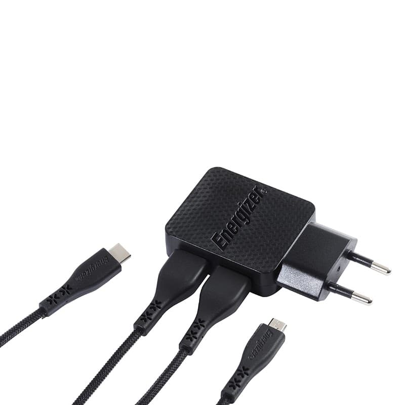 Energizer HardCase - 2x USB-A 12W mains charger + USB-C & Micro USB cable (Black) - 13