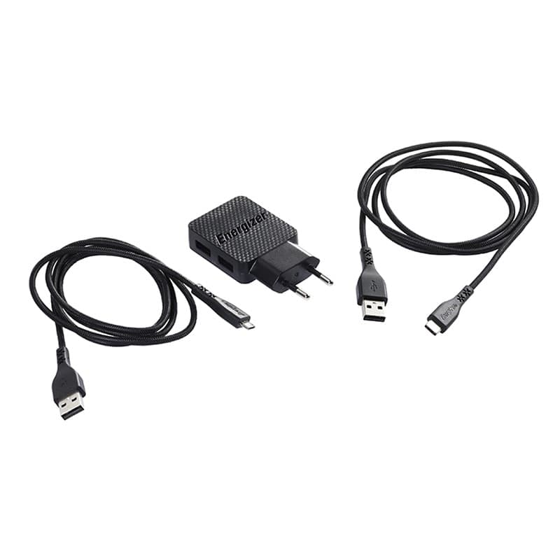 Energizer HardCase - 2x USB-A 12W mains charger + USB-C & Micro USB cable (Black) - 15