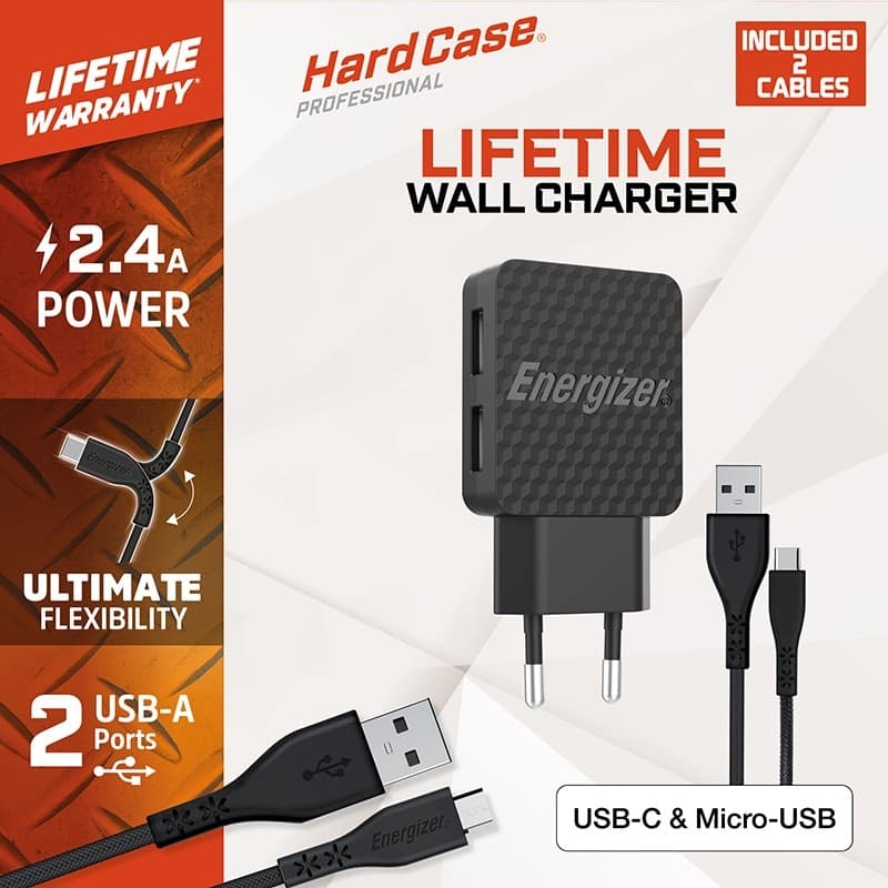 Energizer HardCase - 2x USB-A 12W mains charger + USB-C & Micro USB cable (Black) - 16