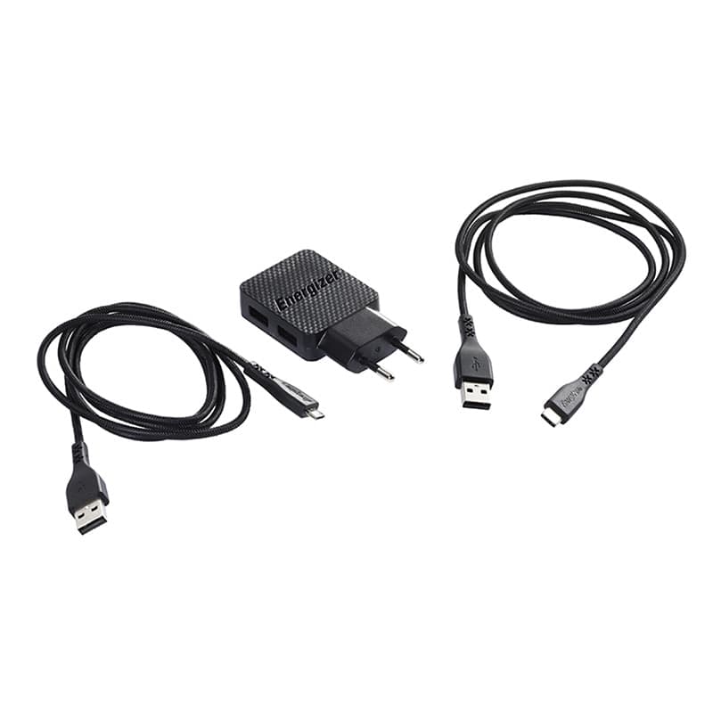 Energizer HardCase - 2x USB-A 12W mains charger + USB-C & Micro USB cable (Black) - 5