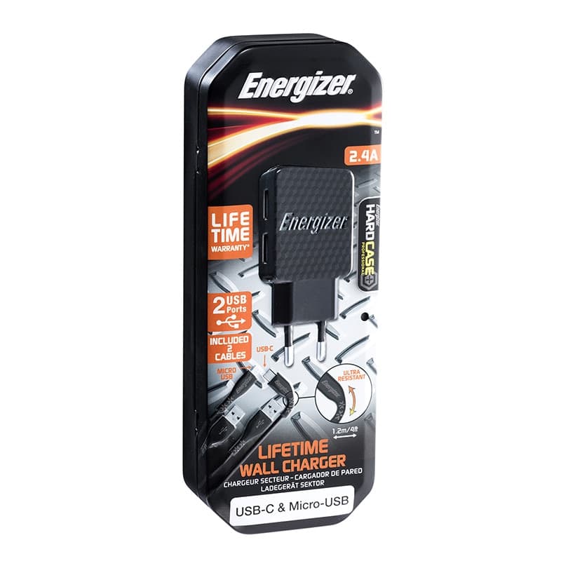 Energizer HardCase - 2x USB-A 12W mains charger + USB-C & Micro USB cable (Black) - 7