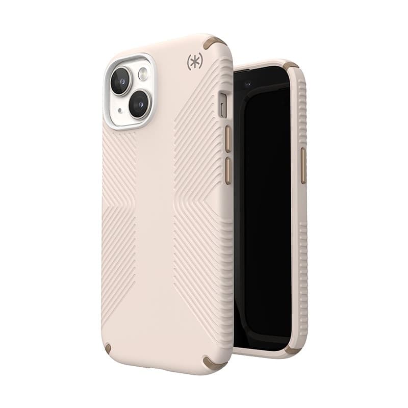 Speck Presidio2 Grip - Custodia per iPhone 16e / iPhone 15 / iPhone 14 / iPhone 13 (Osso sbiancato / Oro antico / Marrone noccio - 11