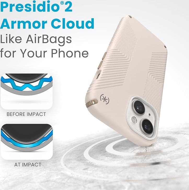 Speck Presidio2 Grip - Custodia per iPhone 16e / iPhone 15 / iPhone 14 / iPhone 13 (Osso sbiancato / Oro antico / Marrone noccio - 14