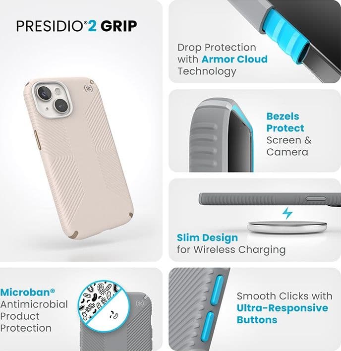 Speck Presidio2 Grip - Custodia per iPhone 16e / iPhone 15 / iPhone 14 / iPhone 13 (Osso sbiancato / Oro antico / Marrone noccio - 20