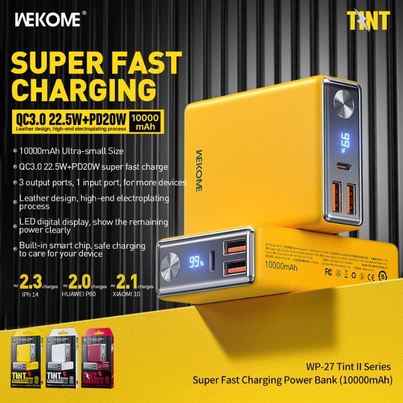 WEKOME WP-27 Tint Series - Power bank 10000 mAh Super Fast Charging USB-C PD 20W + 2x USB-A QC3.0 22.5W (White) - 2