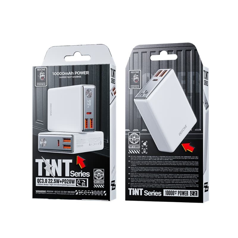 WEKOME WP-27 Tint Series - Power bank 10000 mAh Super Fast Charging USB-C PD 20W + 2x USB-A QC3.0 22.5W (White) - 3