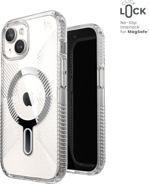 Speck Presidio Perfect-Clear Grip ClickLock e MagSafe - Custodia per iPhone 16e / iPhone 15 / iPhone 14 / iPhone 13 (Trasparente - 11