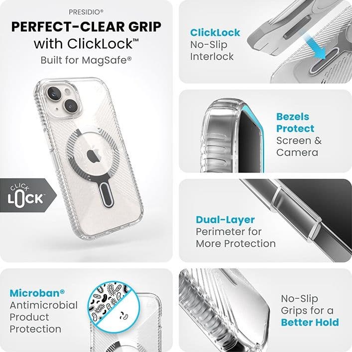 Speck Presidio Perfect-Clear Grip ClickLock e MagSafe - Custodia per iPhone 16e / iPhone 15 / iPhone 14 / iPhone 13 (Trasparente - 13