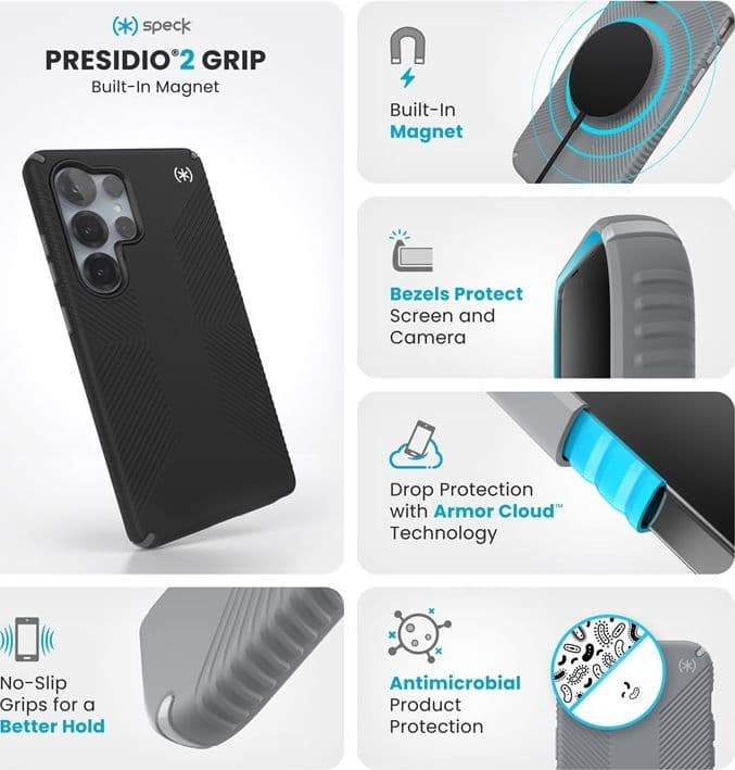 Speck Presidio2 Grip Magnet - Custodia MagSafe per Samsung Galaxy S25 Ultra (Nero/Grigio Ardesia/Bianco) - 17
