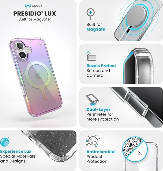 Speck Presidio2 Lux MagSafe - Custodia per iPhone 16 (viola incredibile / trasparente) - 16