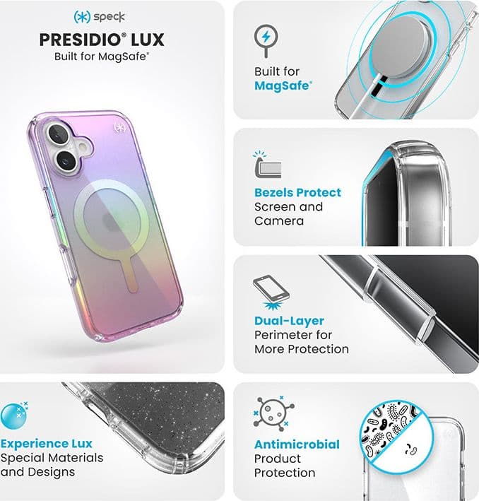 Speck Presidio2 Lux MagSafe - Custodia per iPhone 16 (viola incredibile / trasparente) - 6