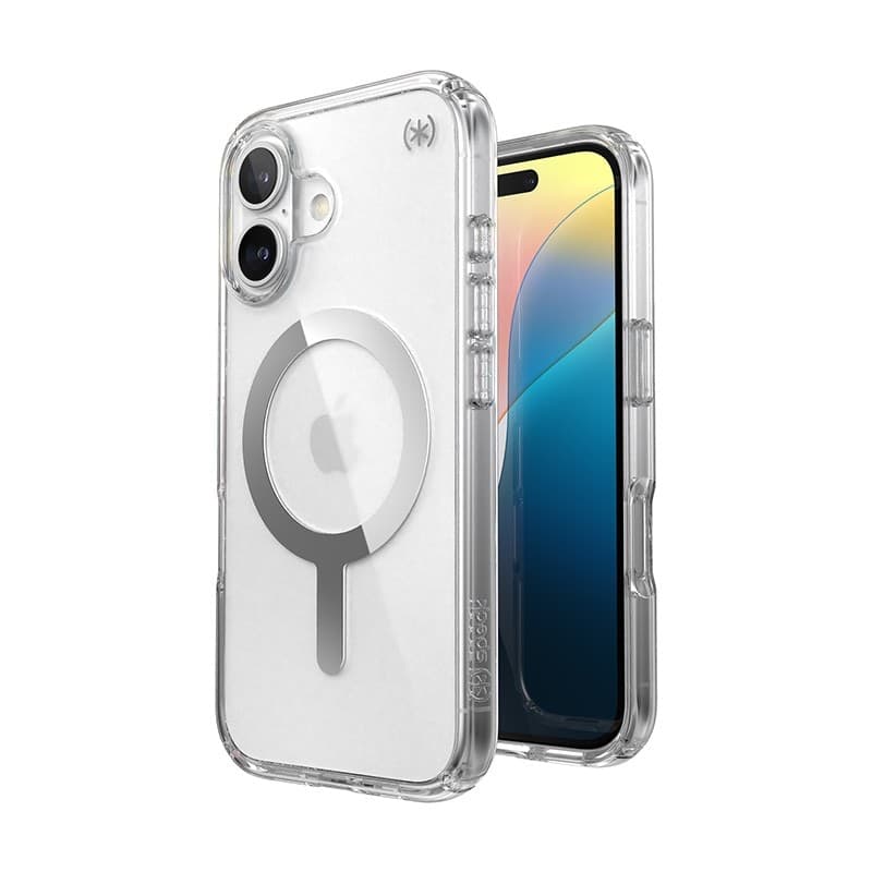 Speck Presidio Perfect-Clear MagSafe - Custodia per iPhone 16 (Trasparente / Finitura cromata / Argento Serene) - 11