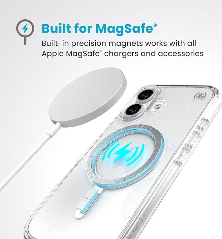 Speck Presidio Perfect-Clear MagSafe - Custodia per iPhone 16 (Trasparente / Finitura cromata / Argento Serene) - 13