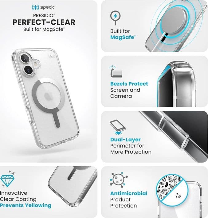 Speck Presidio Perfect-Clear MagSafe - Custodia per iPhone 16 (Trasparente / Finitura cromata / Argento Serene) - 16