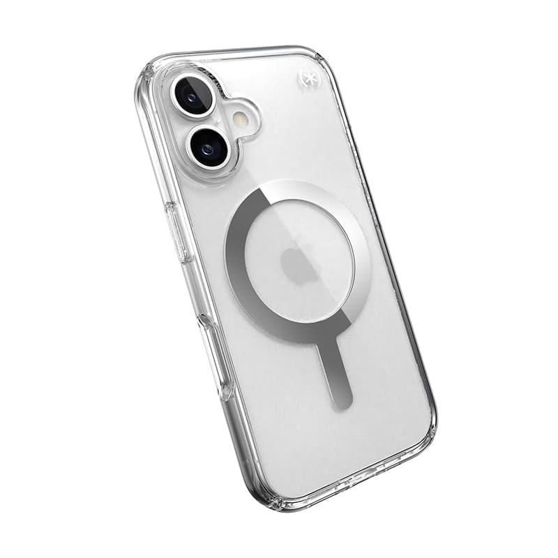 Speck Presidio Perfect-Clear MagSafe - Custodia per iPhone 16 (Trasparente / Finitura cromata / Argento Serene) - 18