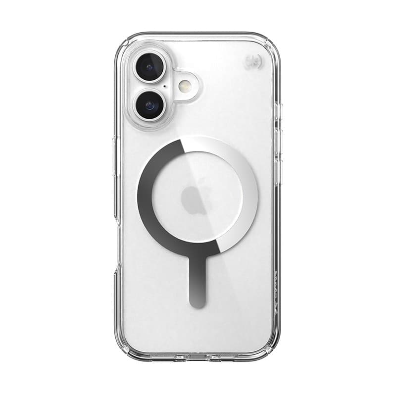 Speck Presidio Perfect-Clear MagSafe - Custodia per iPhone 16 (Trasparente / Finitura cromata / Argento Serene) - 19