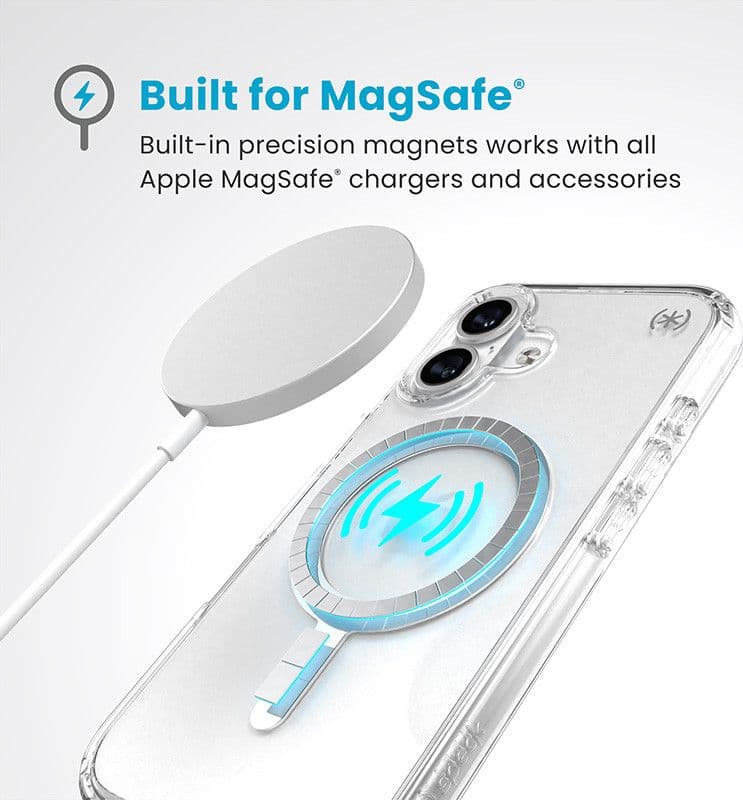 Speck Presidio Perfect-Clear MagSafe - Custodia per iPhone 16 (Trasparente / Finitura cromata / Argento Serene) - 3