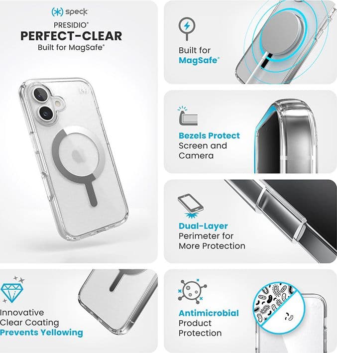 Speck Presidio Perfect-Clear MagSafe - Custodia per iPhone 16 (Trasparente / Finitura cromata / Argento Serene) - 6