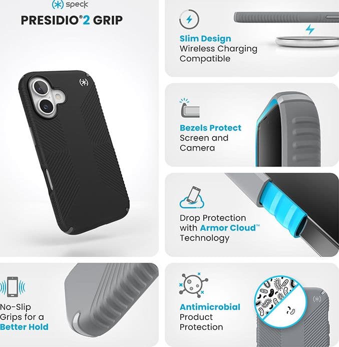 Speck Presidio2 Grip - Custodia per iPhone 16 (Nero / Grigio ardesia / Bianco) - 6