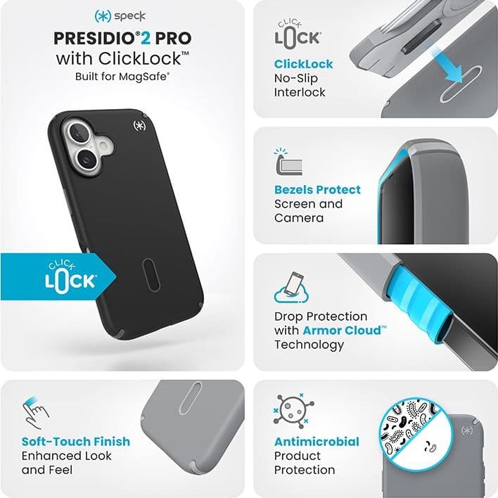 Speck Presidio2 Pro ClickLock e MagSafe - Custodia per iPhone 16 (Nero / Grigio Ardesia / Bianco) - 13