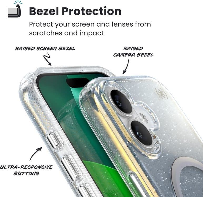 Speck Presidio Lux MagSafe - Custodia per iPhone 17 (Glitter Hyper Mirror / Argento metallizzato) - 15