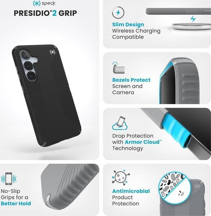 Speck Presidio2 Grip - Custodia per Samsung Galaxy S25 / S24 (Nero/Grigio ardesia/Bianco) - 17