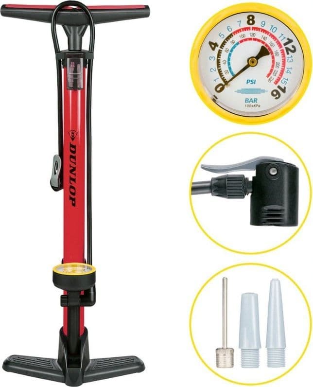 Dunlop - Floor pump for bikes, balls, mattresses with pressure gauge (Red) - 11