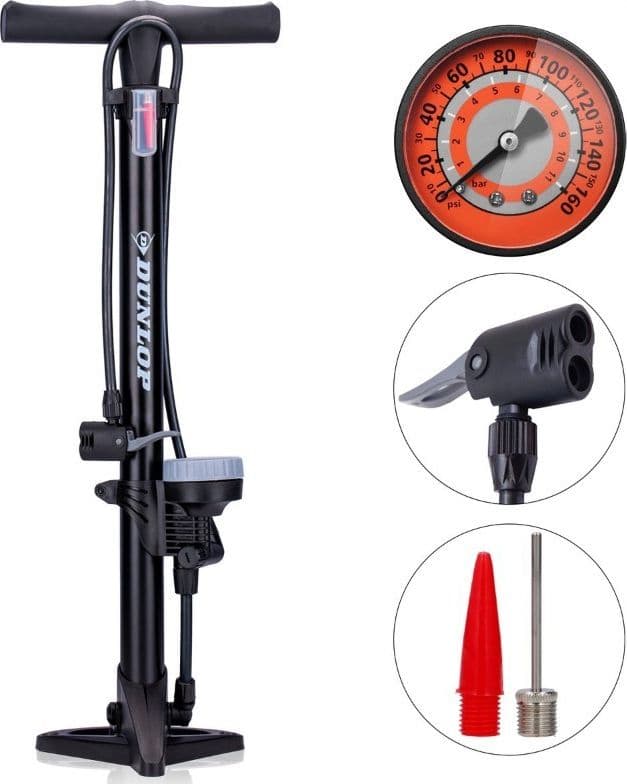 Dunlop - Floor pump for bikes, balls, mattresses with pressure gauge (Black) - 11