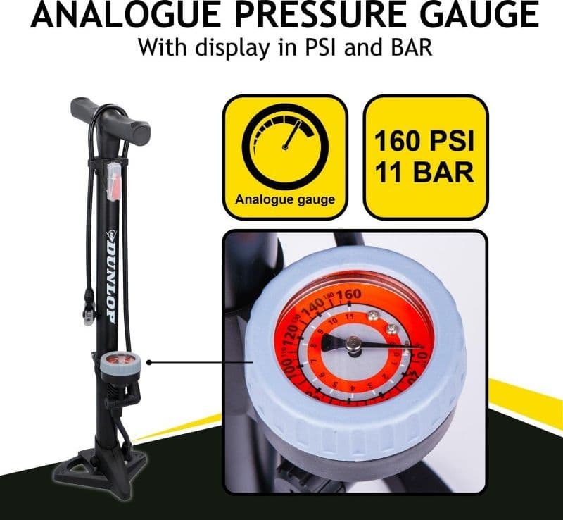 Dunlop - Floor pump for bikes, balls, mattresses with pressure gauge (Black) - 16