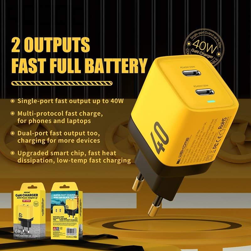 WEKOME WP-U128 - 2x USB-C Super Fast Charge GaN 40W mains charger (Yellow) - 2