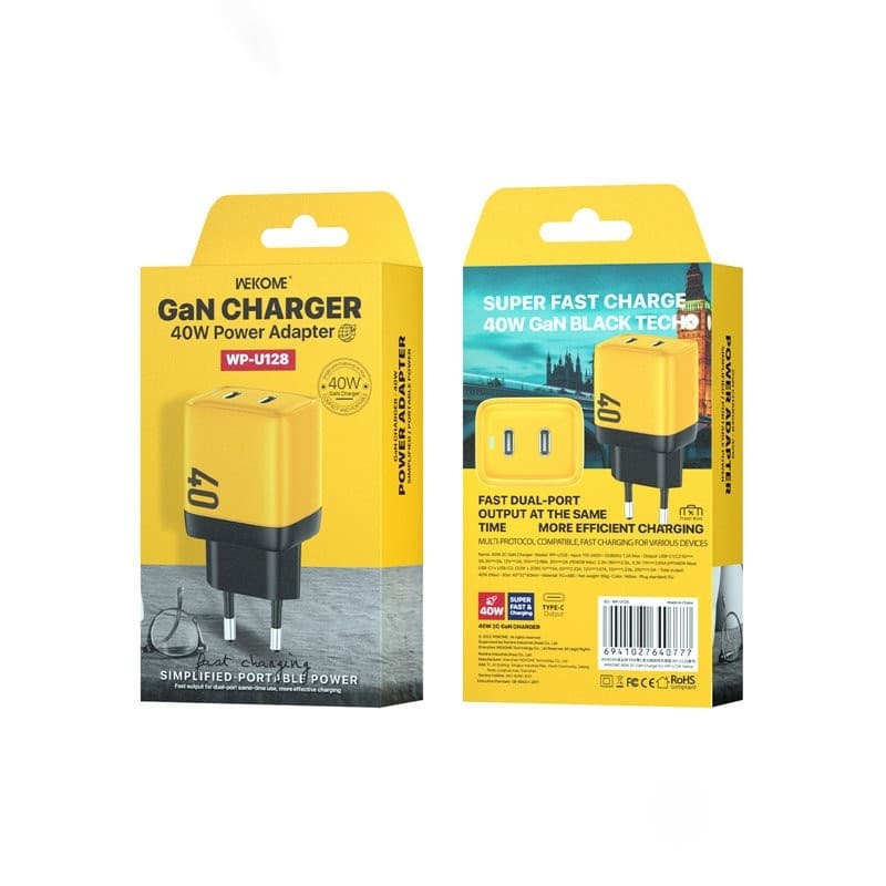 WEKOME WP-U128 - 2x USB-C Super Fast Charge GaN 40W mains charger (Yellow) - 3
