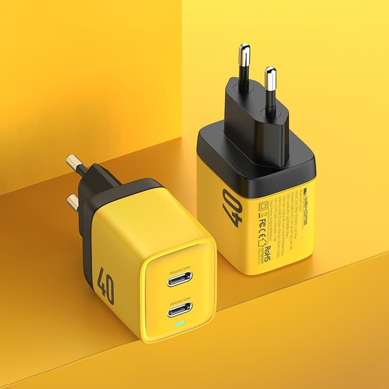 WEKOME WP-U128 - 2x USB-C Super Fast Charge GaN 40W mains charger (Yellow) - 5
