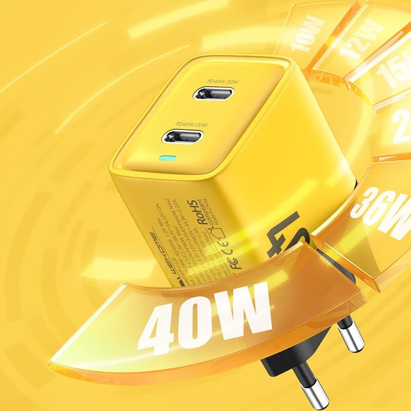 WEKOME WP-U128 - 2x USB-C Super Fast Charge GaN 40W mains charger (Yellow) - 7