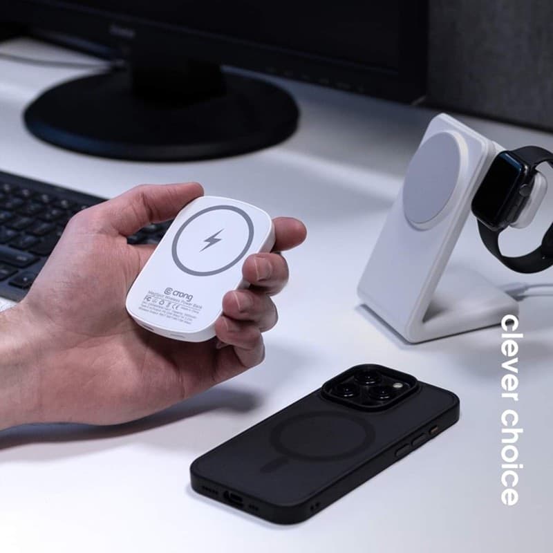 Crong MagSpot Power Bank - Power Bank wireless ultra sottile con MagSafe 5000 mAh, USB-C 20 W PD (bianco) - 4