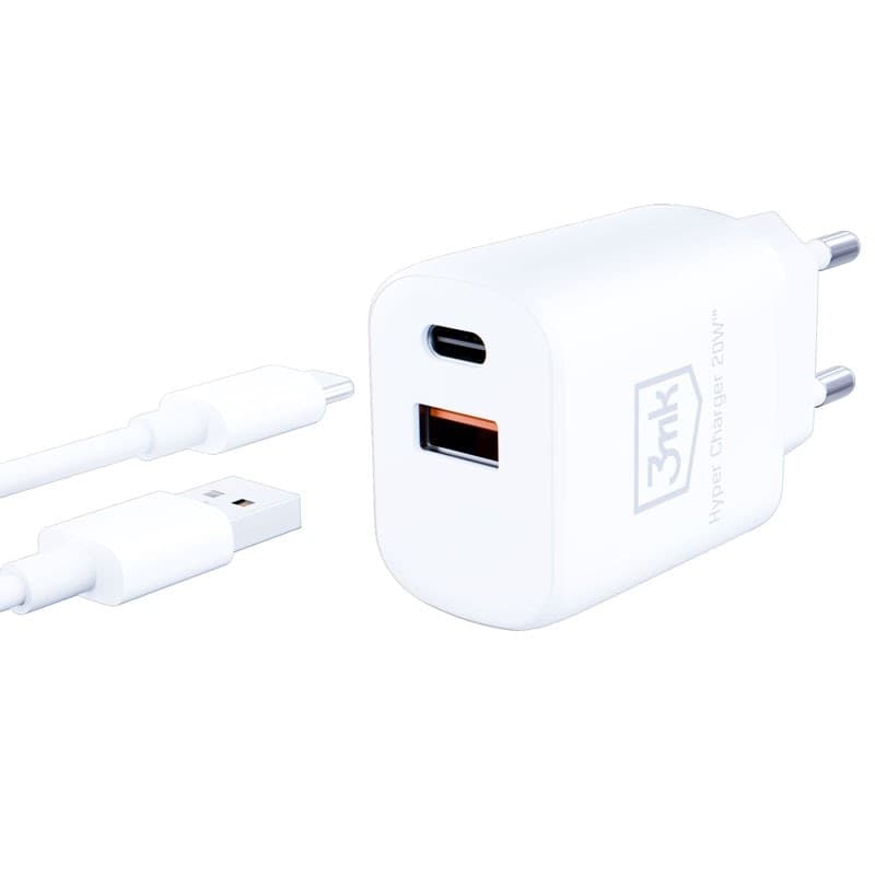 3mk Hyper Charger - USB-A QC 3.0 + USB-C PD 20W mains charger (White) - 5