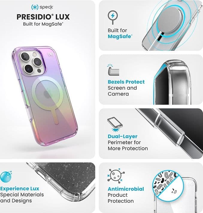 Speck Presidio2 Lux MagSafe - Custodia per iPhone 16 Pro (viola incredibile / trasparente) - 6