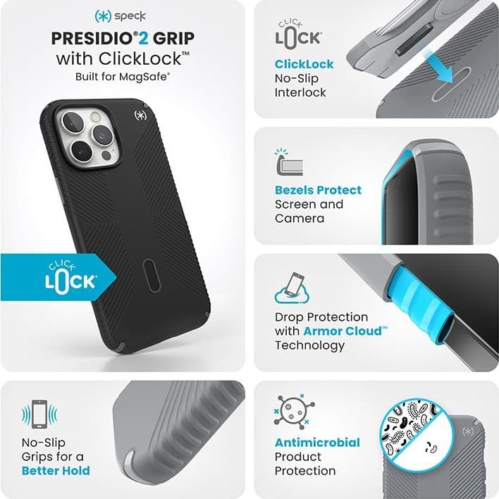 Speck Presidio2 Grip ClickLock e MagSafe - Custodia per iPhone 16 Pro Max (Nero / Grigio Ardesia / Bianco) - 3
