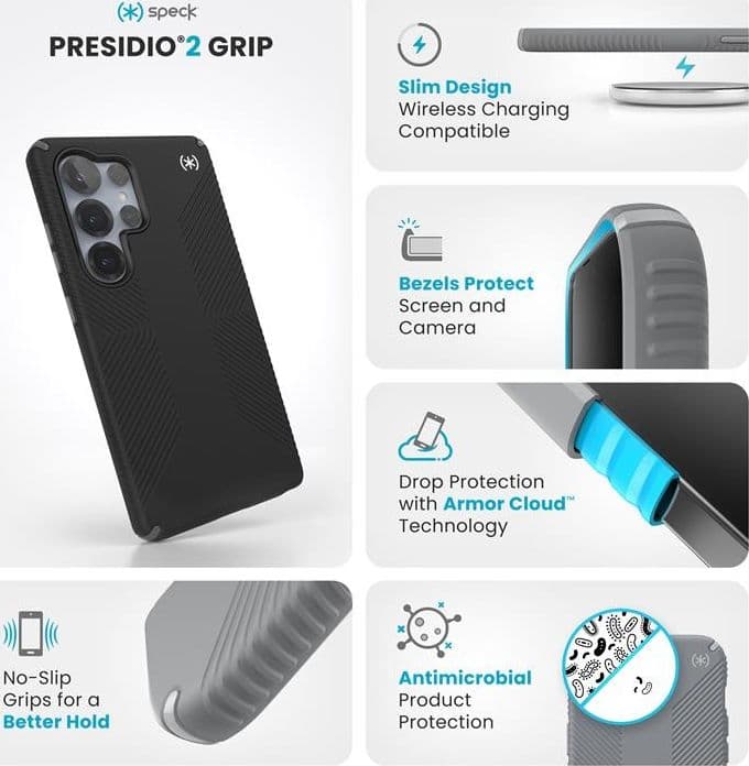 Speck Presidio2 Grip - Custodia per Samsung Galaxy S25 Ultra (Nero/Grigio Ardesia/Bianco) - 7