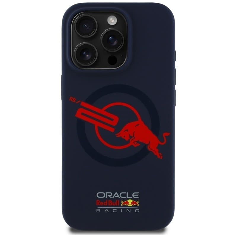 Custodia MagSafe per iPhone 16 Pro con logo Red Bull HC in silicone e fodera rossa (blu navy) - 3