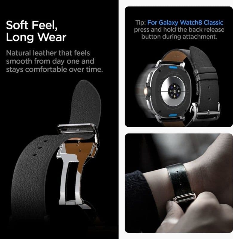 Spigen Enzo - Genuine Leather Strap for Samsung Galaxy Watch 8 / 8 Classic 40 / 44 / 46 mm (Black) - 10