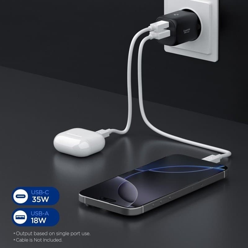 Spigen Essential EE352EU GaN Pro - Caricabatterie da muro USB-C + USB-A 35W (nero) - 5