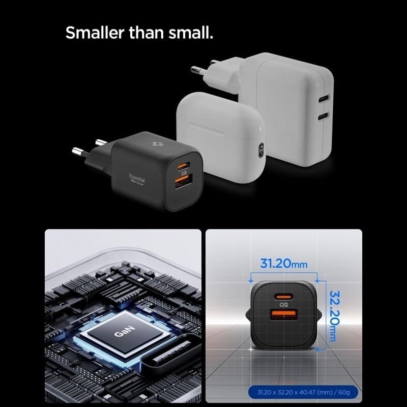 Spigen Essential EE352EU GaN Pro - Caricabatterie da muro USB-C + USB-A 35W (nero) - 9