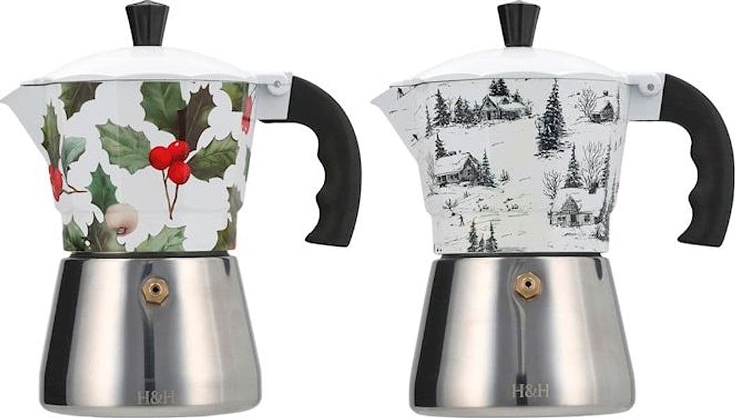 H&H Caffettiera Moka Natalizia in Alluminio 3 Tazze con Base in Acciaio Inox, Decorazione Paesaggio Invernale Innevato Bianco e Nero - 2