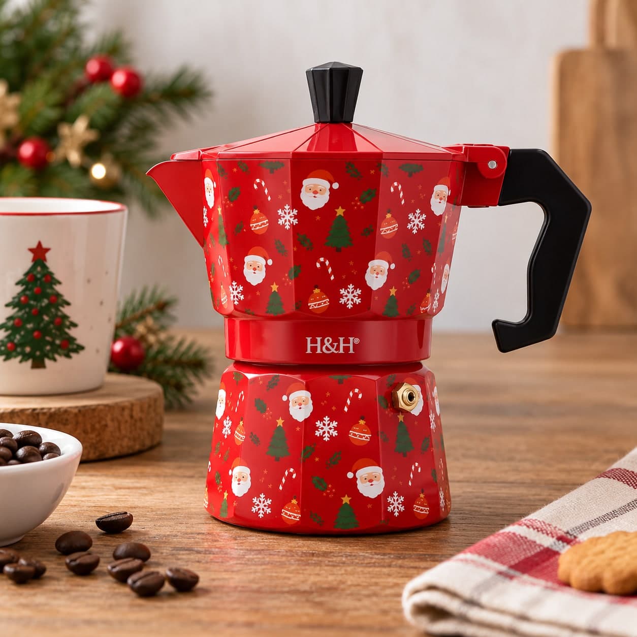 H&H Caffettiera Moka Natalizia in Alluminio 3 Tazze Rossa, Decorazione Babbo Natale, Alberi di Natale e Fiocchi di Neve - 2