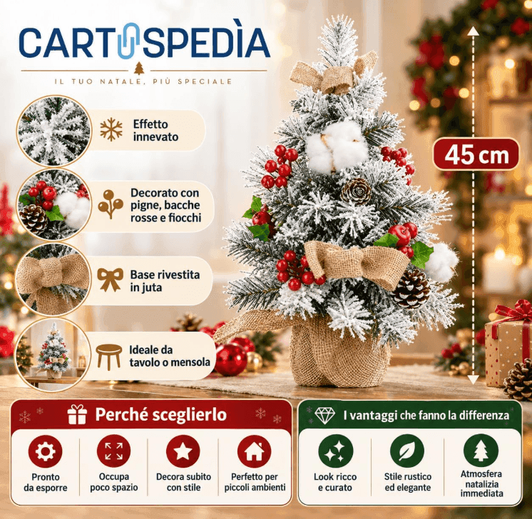 Cartospedia - Albero di Natale Piccolo in PVC da Tavolo, Innevato con Decorazioni, 45cm (605823) - 5