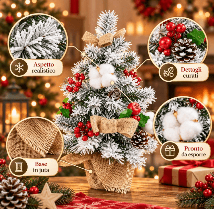 Cartospedia - Albero di Natale Piccolo in PVC da Tavolo, Innevato con Decorazioni, 45cm (605823) - 6