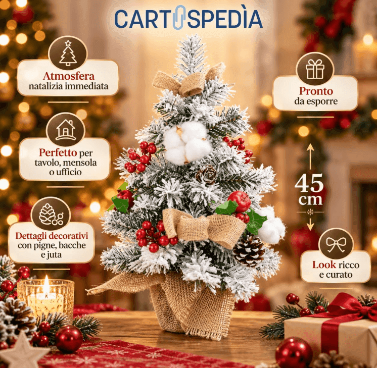 Cartospedia - Albero di Natale Piccolo in PVC da Tavolo, Innevato con Decorazioni, 45cm (605823) - 7
